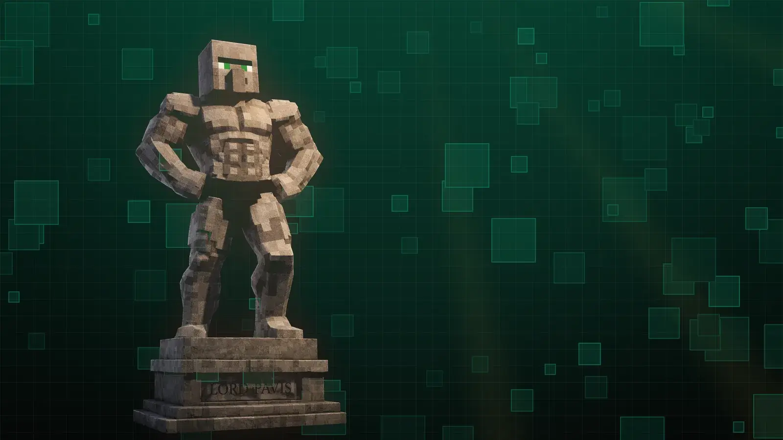 Statue de pierre de Lord Pavis, villageois à la musculature démesurée, dressée sur fond d’émeraudes lumineuses
