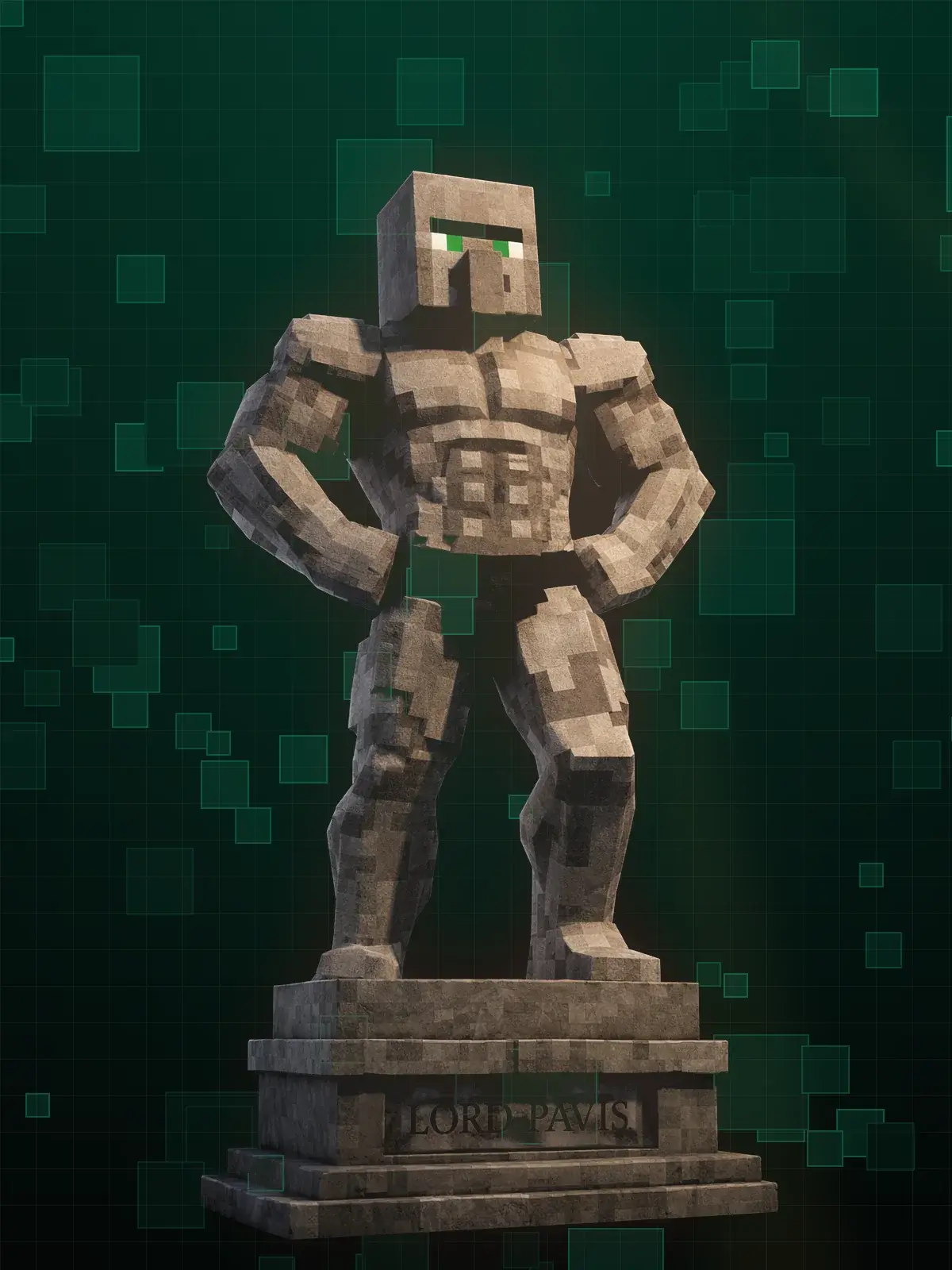 Statue commémorative de Lord Pavis sur Cocoworld : un villageois de pierre à la musculature démesurée, poings sur les hanches