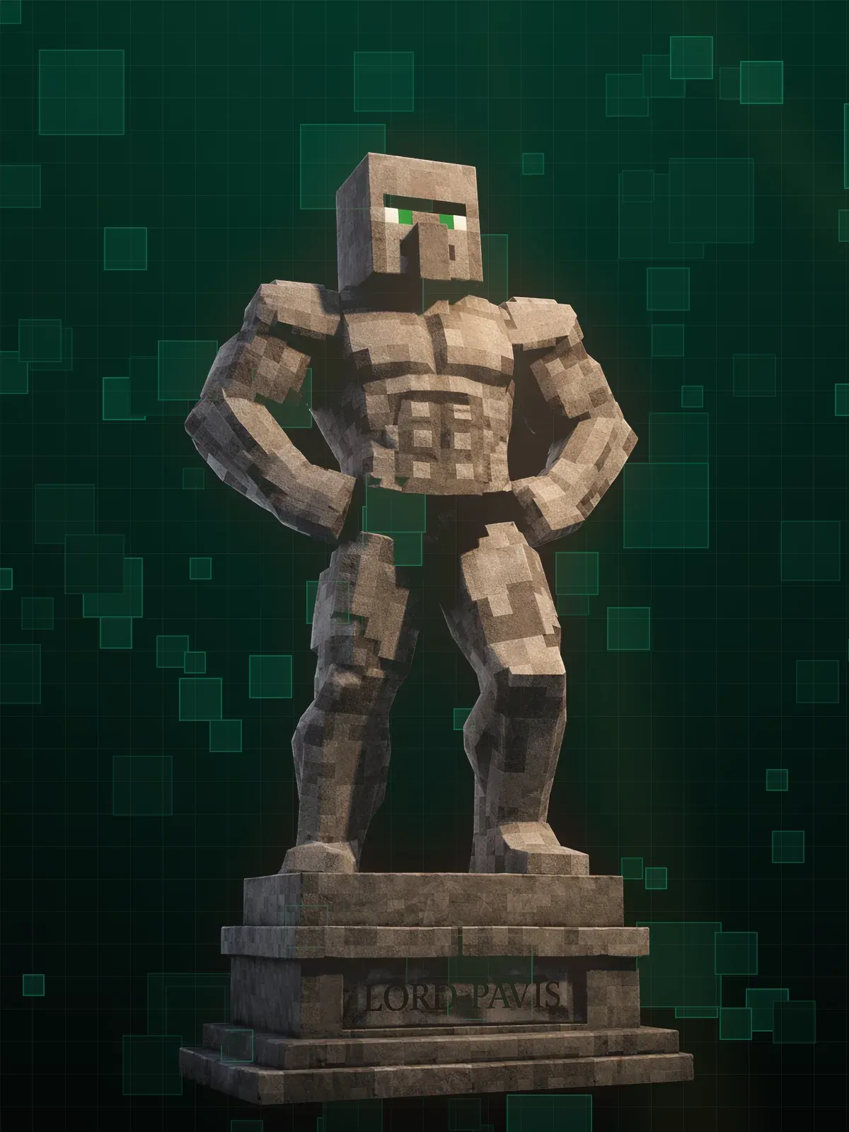 Statue de pierre de Lord Pavis, villageois musclé aux poings sur les hanches, dressée sur son socle gravé à son nom sur le serveur Minecraft Cocoworld